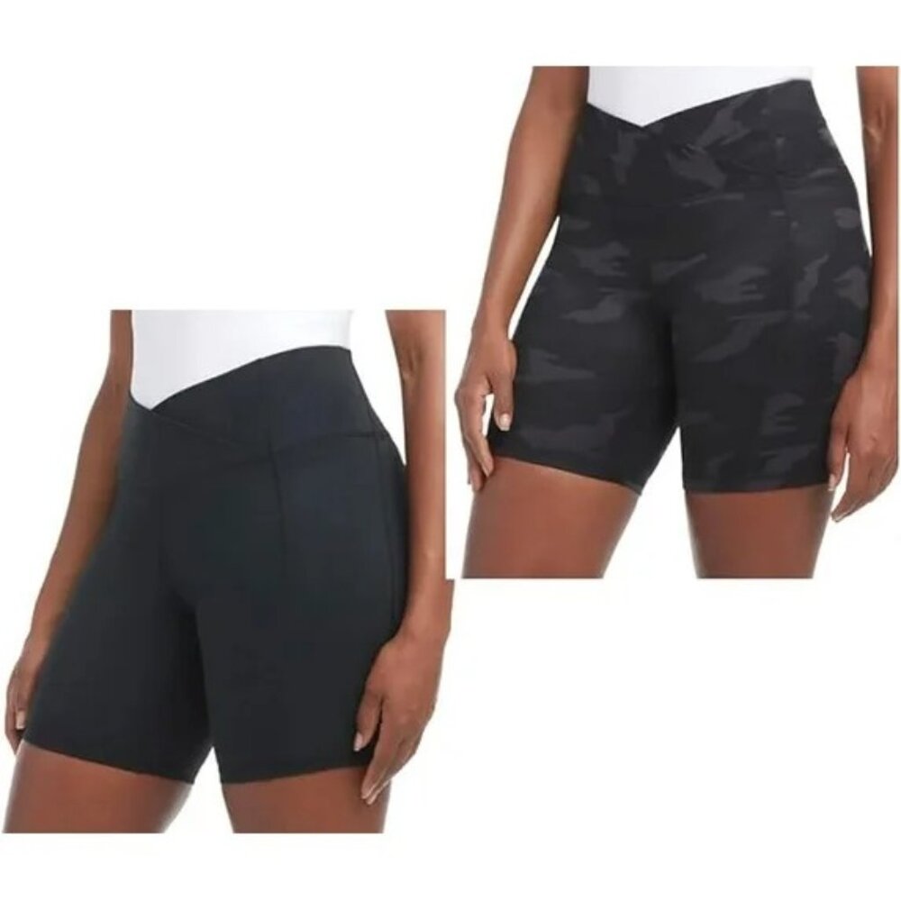 Danskin Women's 2 Pack Cross Waist Bike Shorts (Black Camo, X-Laege)
